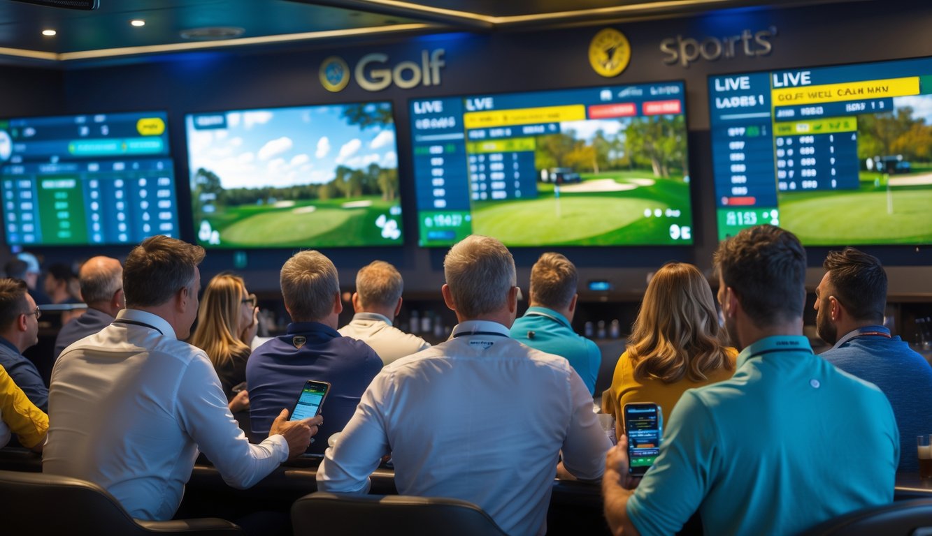 Sekelompok orang menonton siaran langsung golf di sebuah bar sambil menggunakan ponsel untuk memasang taruhan.