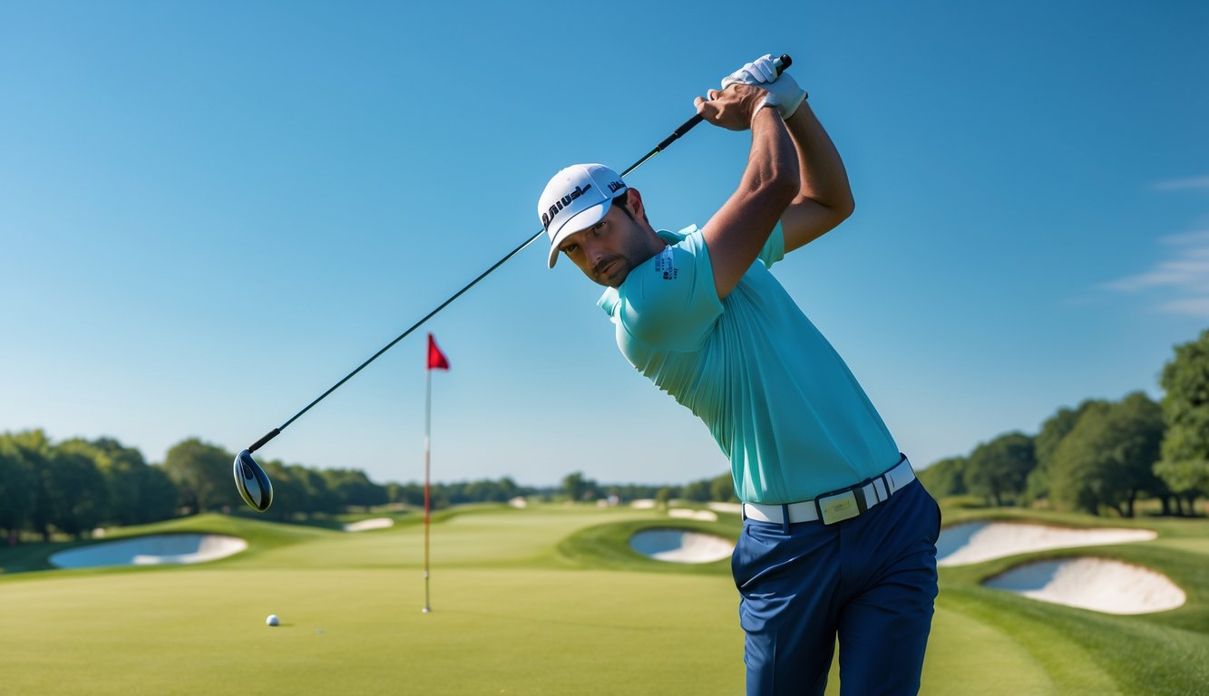Seorang pegolf pria sedang mengayunkan tongkat golf di lapangan golf hijau yang rapi dengan langit biru cerah.
