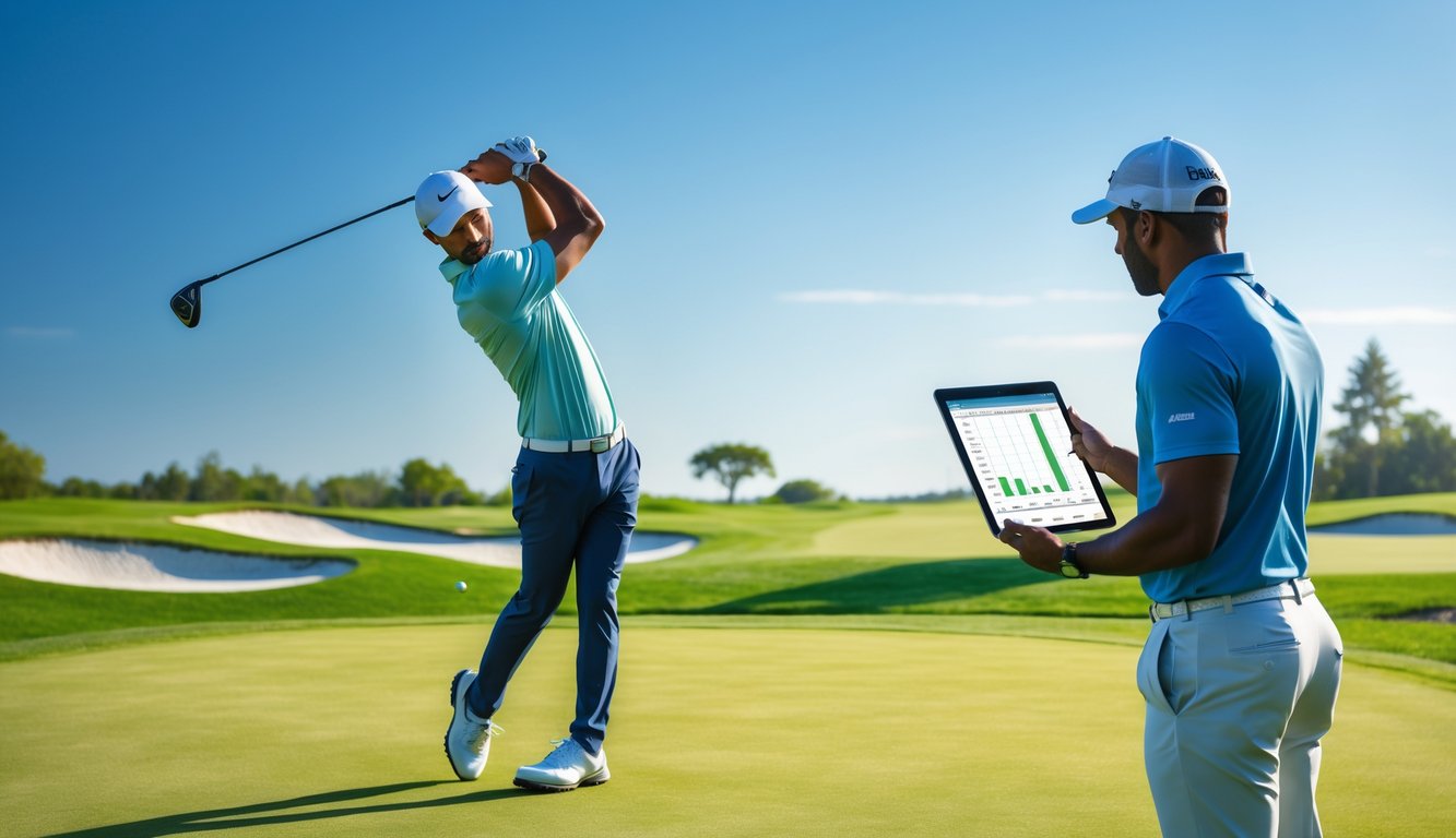 Seorang pemain golf sedang melakukan ayunan dengan seorang pelatih mengamati sambil memegang tablet di lapangan golf yang hijau.