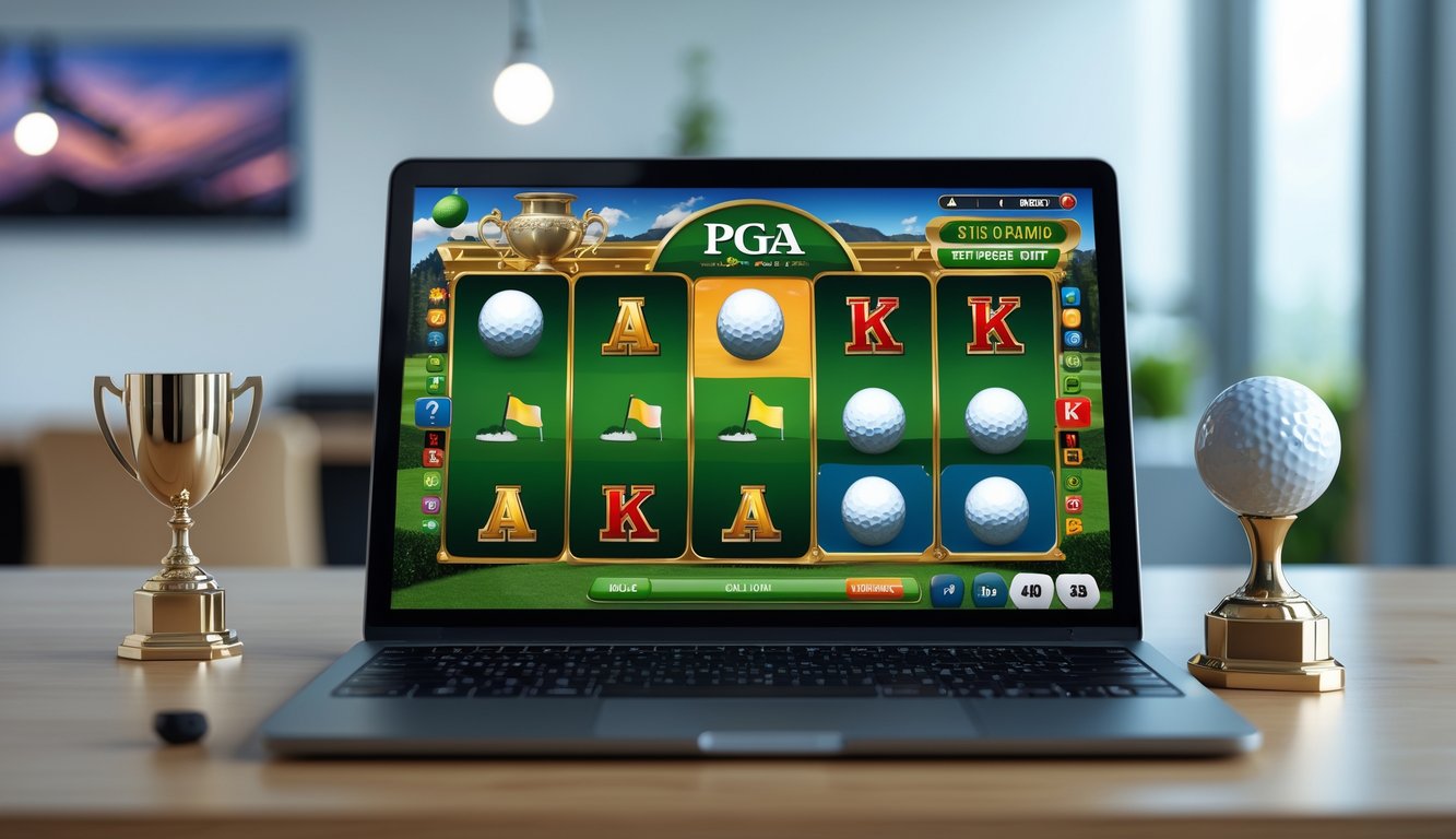 Layar komputer menampilkan permainan slot online dengan tema golf PGA, di meja kerja dengan dekorasi golf.