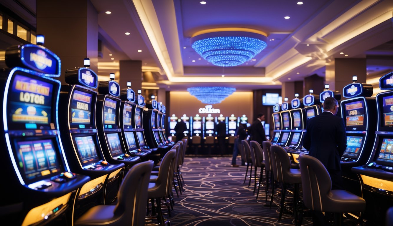 Area mesin slot di kasino dengan beberapa pemain yang sedang bermain.