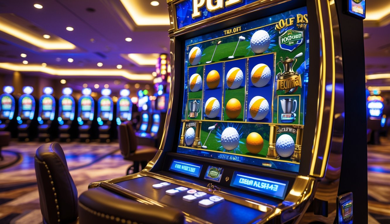 Mesin slot bertema golf dengan simbol bola golf, klub golf, dan piala di lantai kasino yang terang.