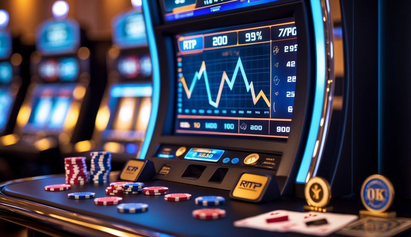Area mesin slot kasino modern dengan layar digital menampilkan grafik dan statistik RTP, serta elemen terkait perjudian profesional seperti chip poker dan kartu remi.