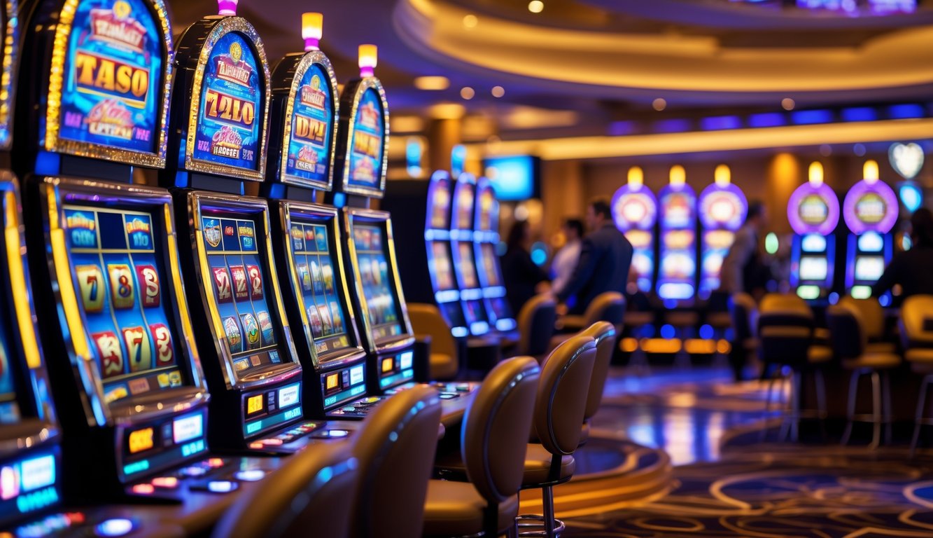 Area mesin slot di kasino dengan beberapa mesin berwarna cerah dan pemain yang sedang bermain.