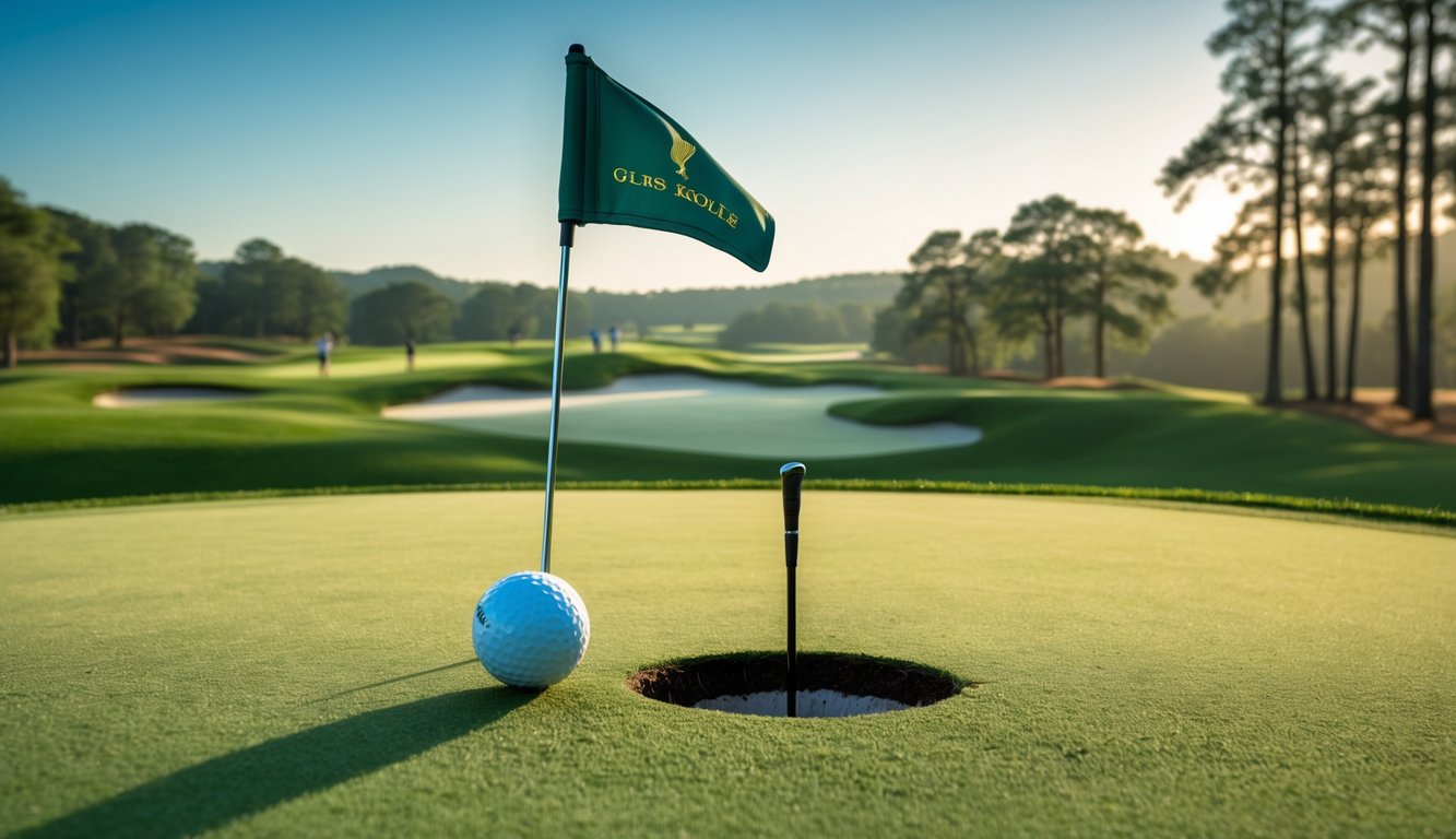 Lapangan golf hijau dengan bendera di lubang dan bola golf di dekatnya, beberapa pemain golf terlihat di kejauhan.