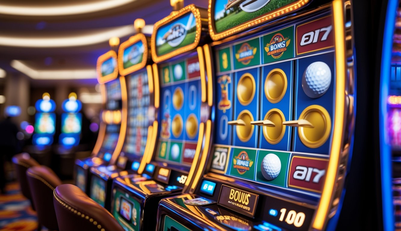 Mesin slot dengan simbol golf seperti bola golf, tongkat golf, dan trofi dalam suasana kasino yang terang dan menarik.