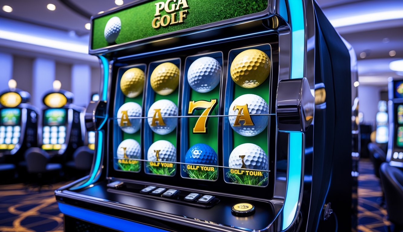 Mesin slot demo bertema PGA golf dengan simbol bola golf dan klub di latar kasino.