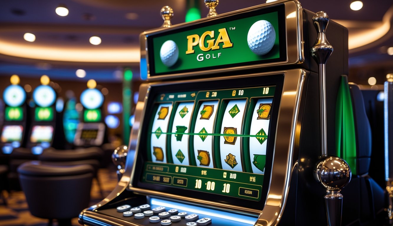 Mesin slot modern dengan tema golf PGA di dalam kasino yang terang dan mewah.