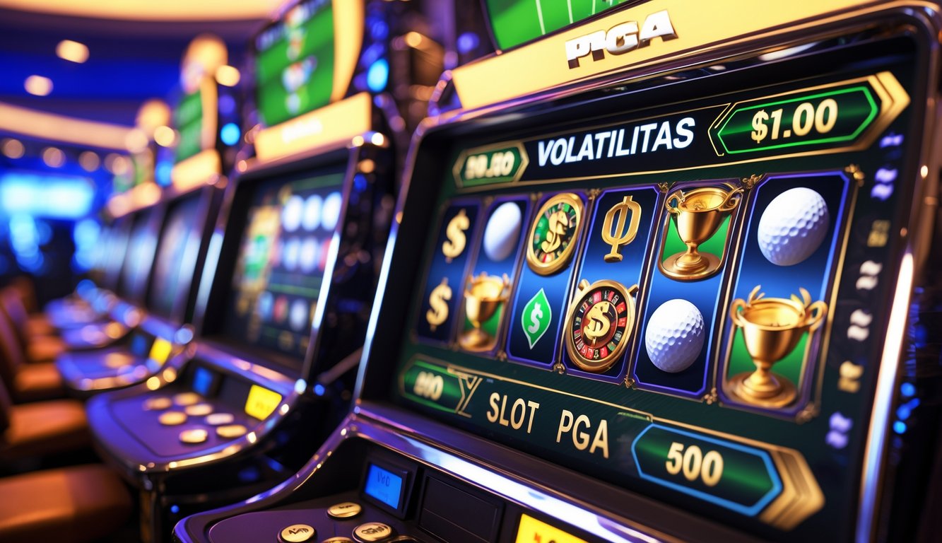 Layar mesin slot digital dengan simbol golf dan elemen permainan yang berputar.