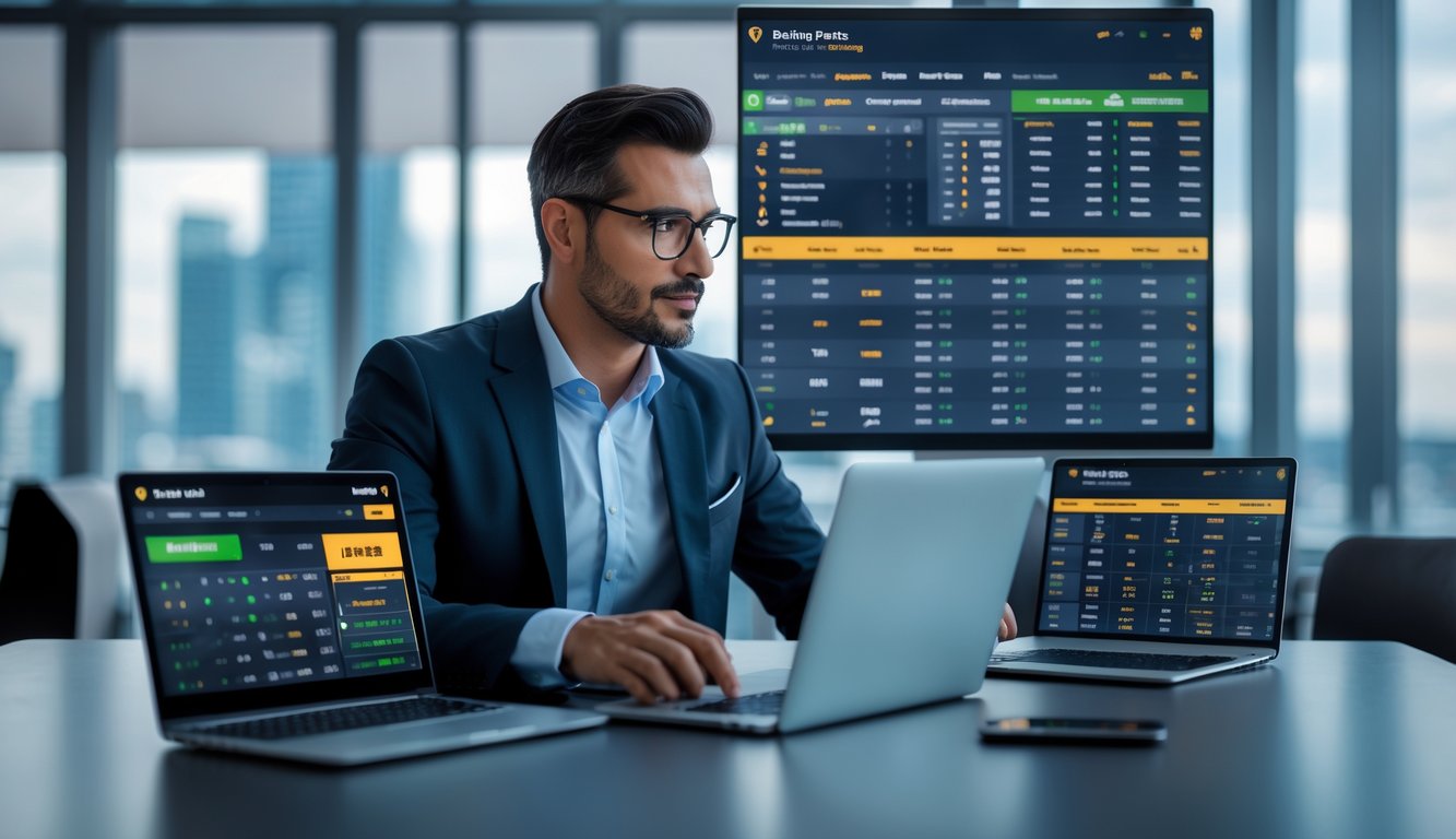 Seorang pria profesional sedang menganalisis data taruhan bola di layar komputer di kantor modern.