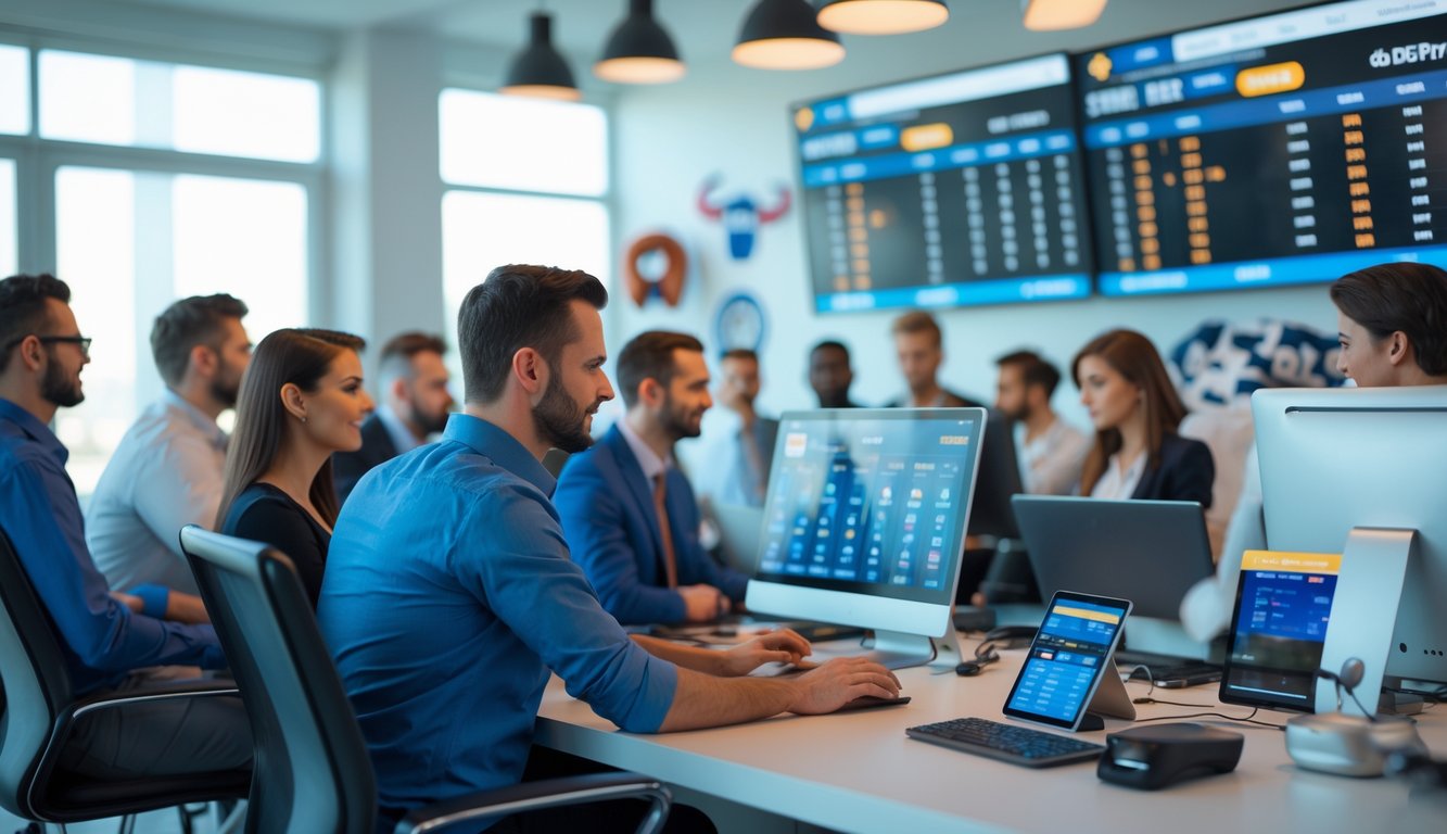 Orang-orang menggunakan perangkat digital di ruangan modern dengan layar besar yang menampilkan informasi taruhan olahraga.