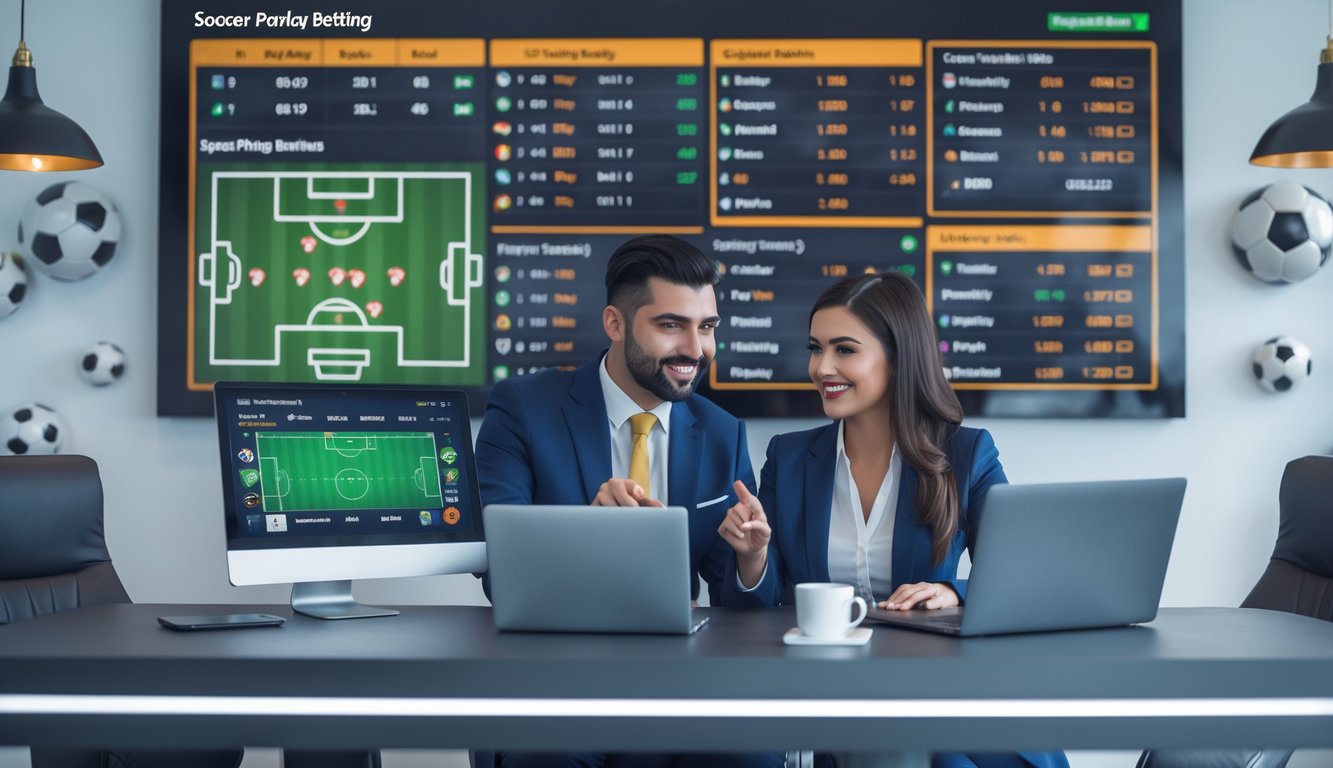 Dua orang duduk di meja dengan layar digital menampilkan statistik dan skor pertandingan sepak bola.