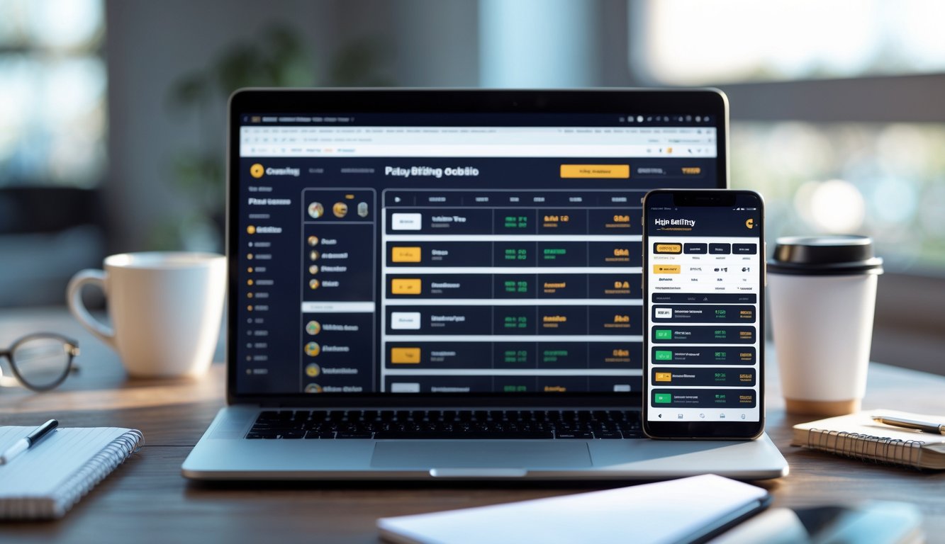 Seorang profesional menggunakan laptop dan ponsel di meja kerja dengan tampilan antarmuka taruhan olahraga di layar.