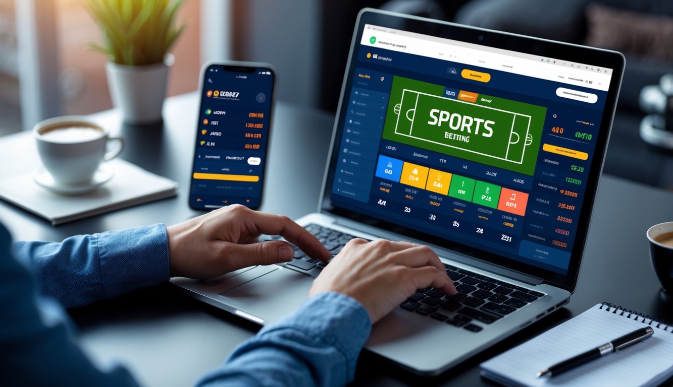 Seseorang menggunakan laptop di meja kerja dengan tampilan situs taruhan olahraga online di layar.