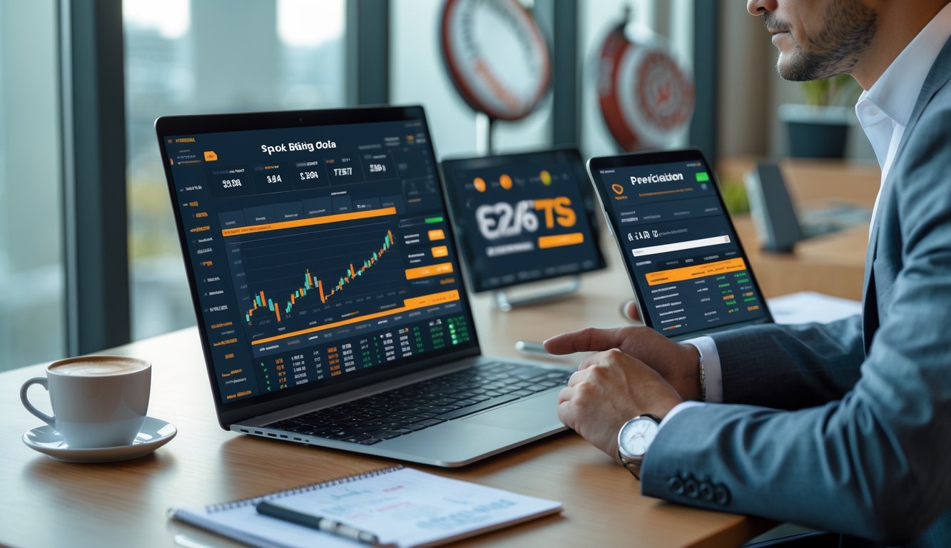 Seorang profesional sedang menganalisis data taruhan olahraga menggunakan beberapa perangkat digital di ruang kantor modern.
