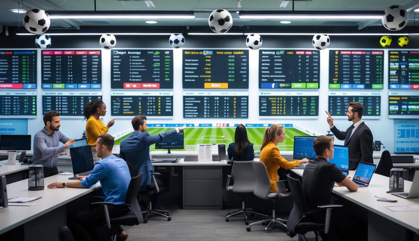 Orang-orang di kantor taruhan bola sedang melihat layar besar dengan informasi taruhan sepak bola lengkap.