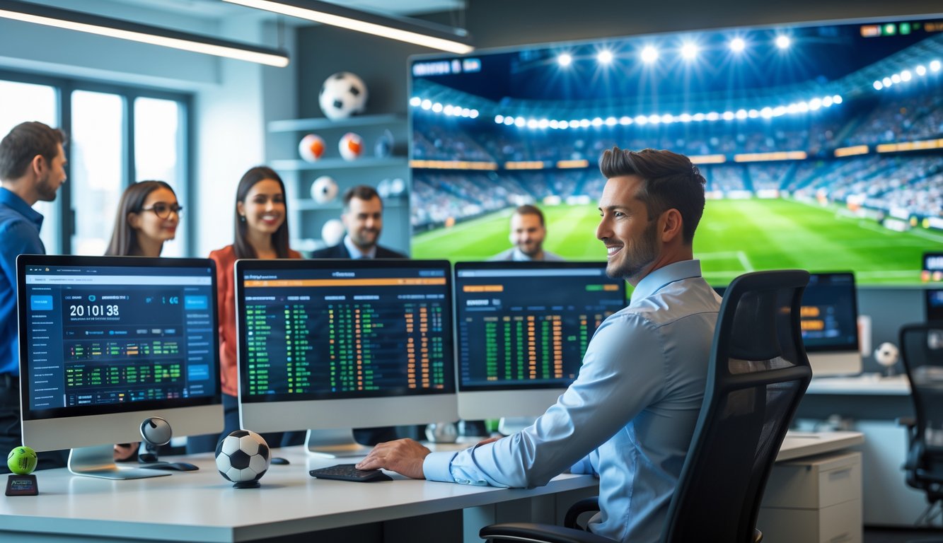 Seorang agen taruhan sepak bola sedang bekerja di kantor modern dengan layar komputer menampilkan statistik pertandingan sepak bola.