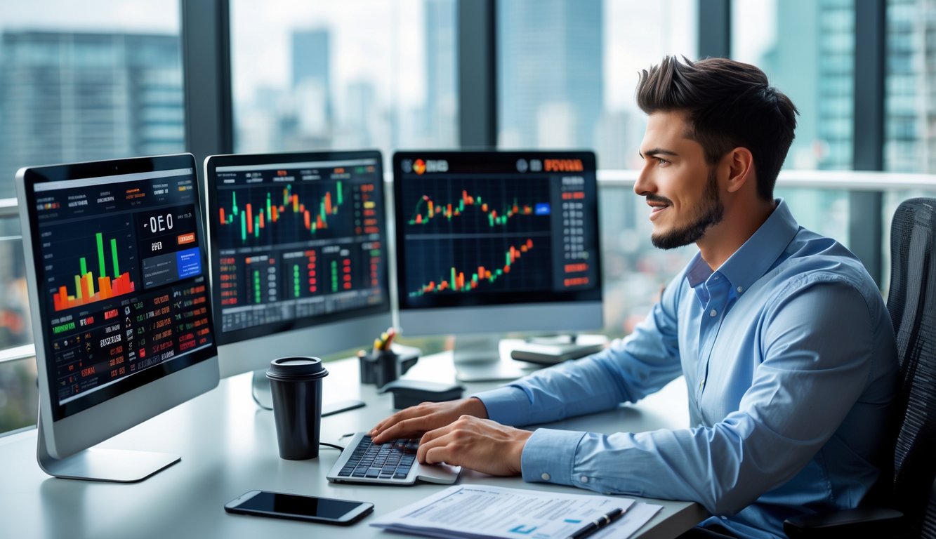 Seorang pria muda duduk di meja kantor modern dengan beberapa layar komputer yang menampilkan grafik dan data taruhan online.
