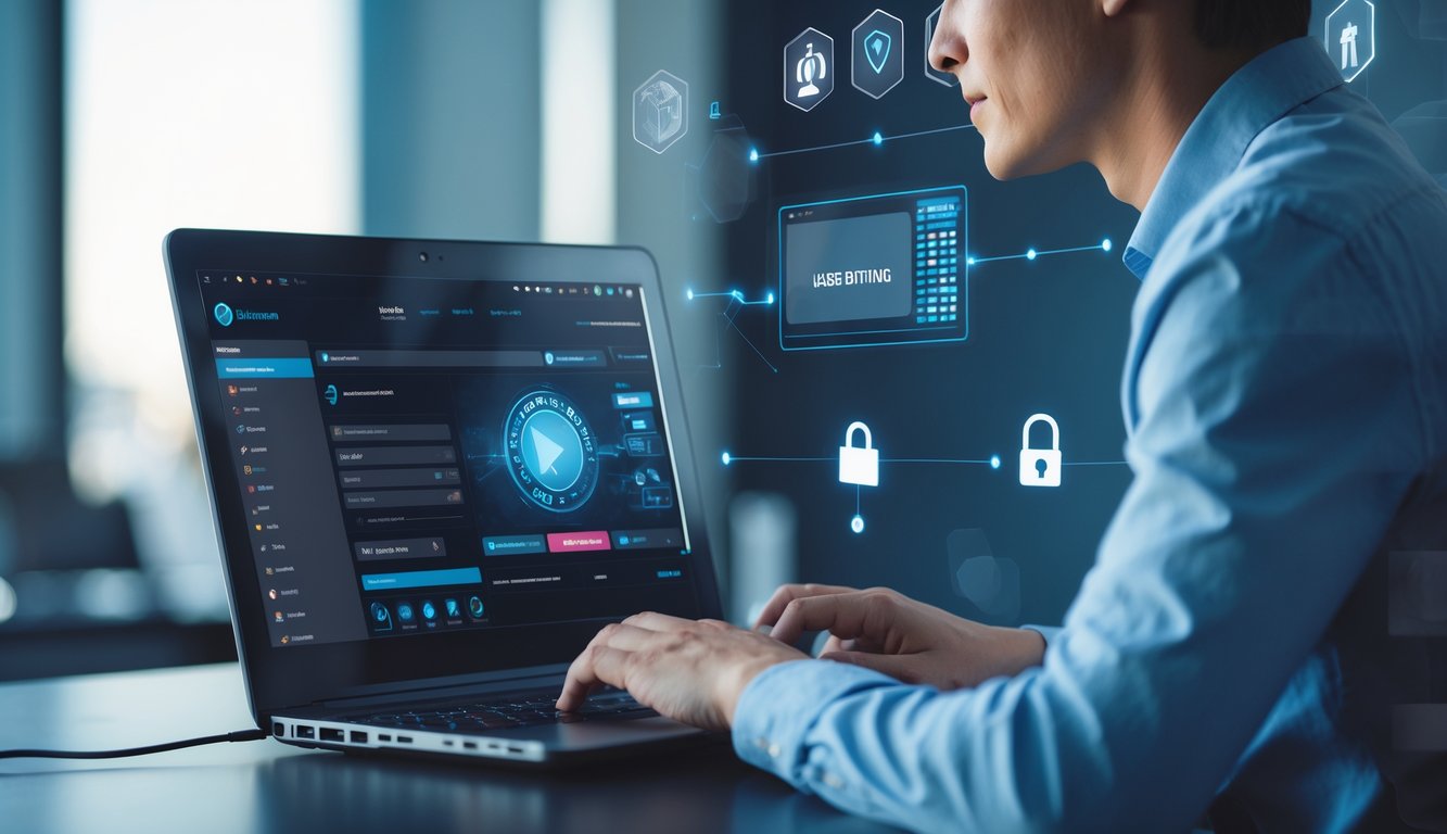 Seseorang menggunakan laptop di meja kerja modern dengan tampilan situs permainan online yang terpercaya.