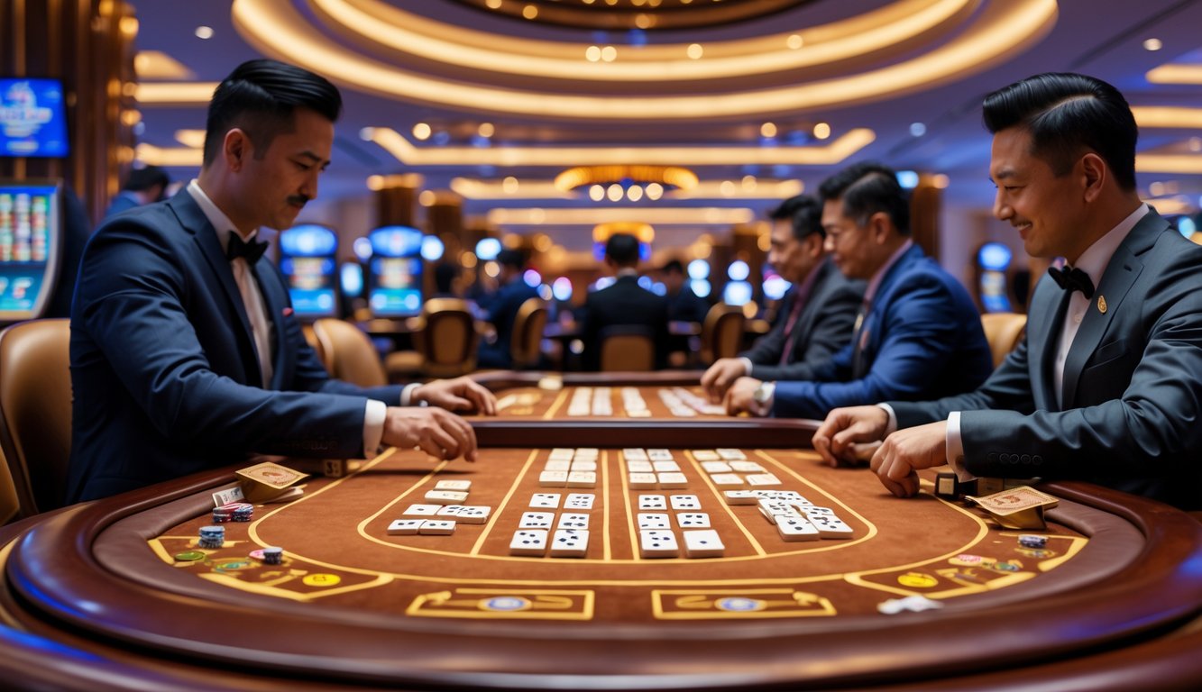 Suasana meja permainan ceme di kasino dengan pemain yang sedang bermain domino.