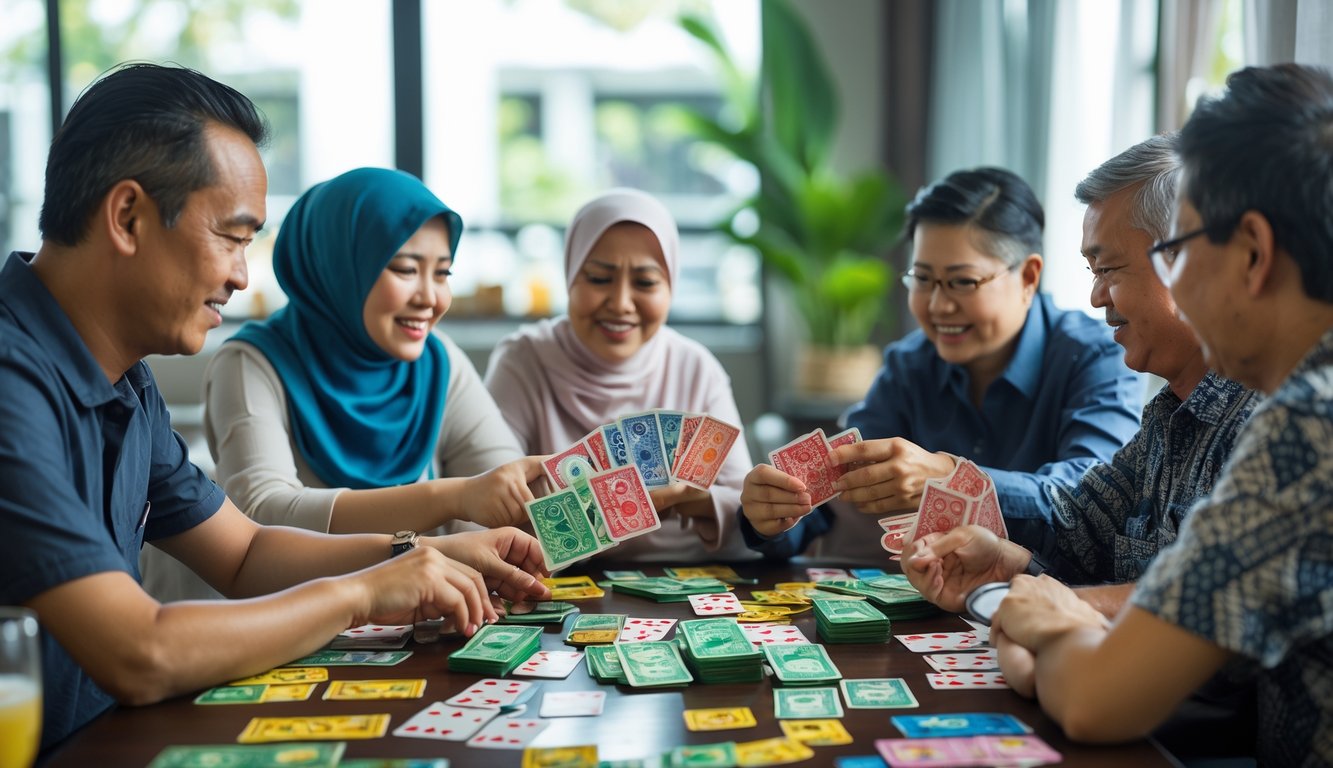 Sekelompok orang dewasa sedang bermain kartu dengan uang asli di atas meja dalam ruangan yang nyaman.