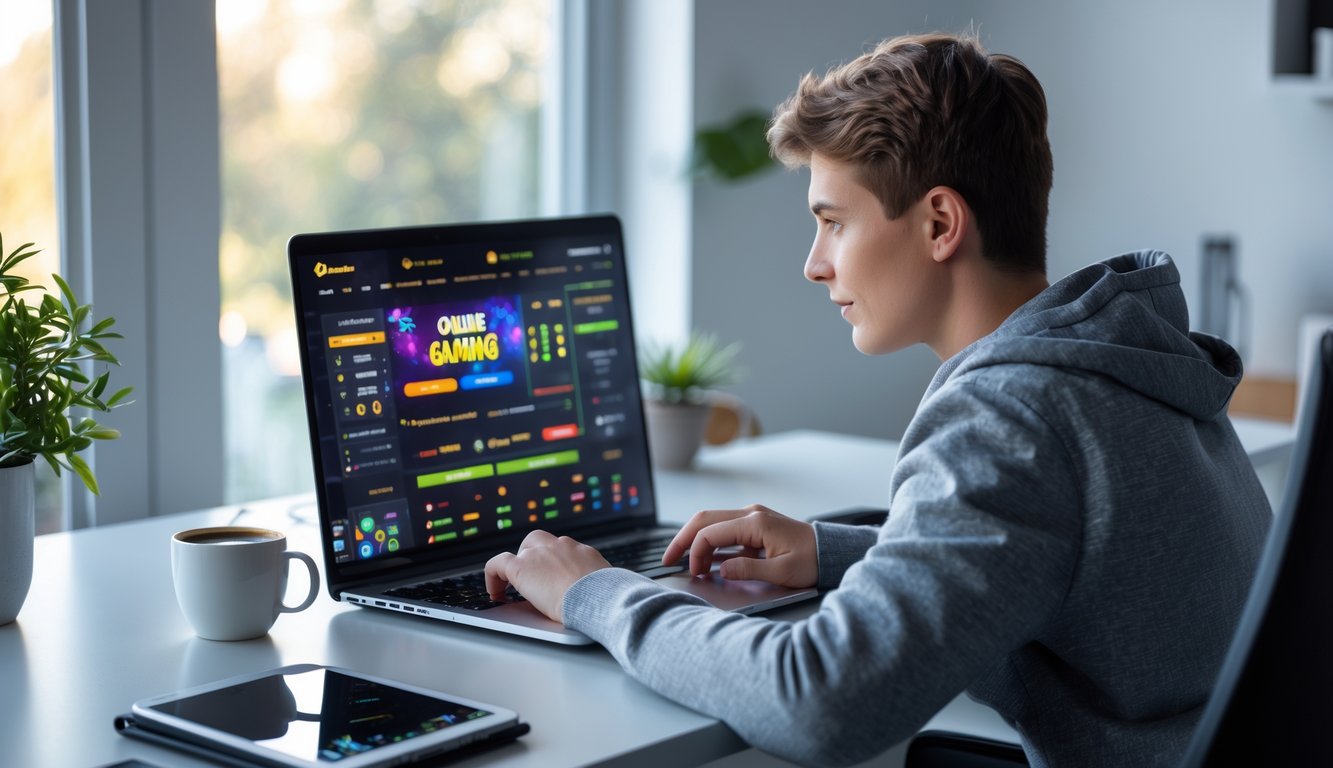 Seorang dewasa muda duduk di meja kerja dengan laptop yang menampilkan antarmuka permainan online, di ruang dengan pencahayaan alami.