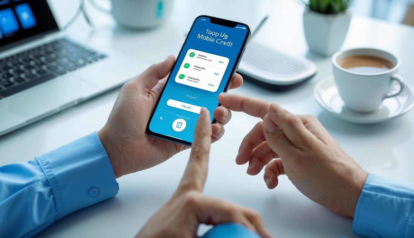 Seseorang menggunakan ponsel untuk melakukan deposit pulsa secara online di meja kerja dengan laptop dan cangkir kopi di latar belakang.