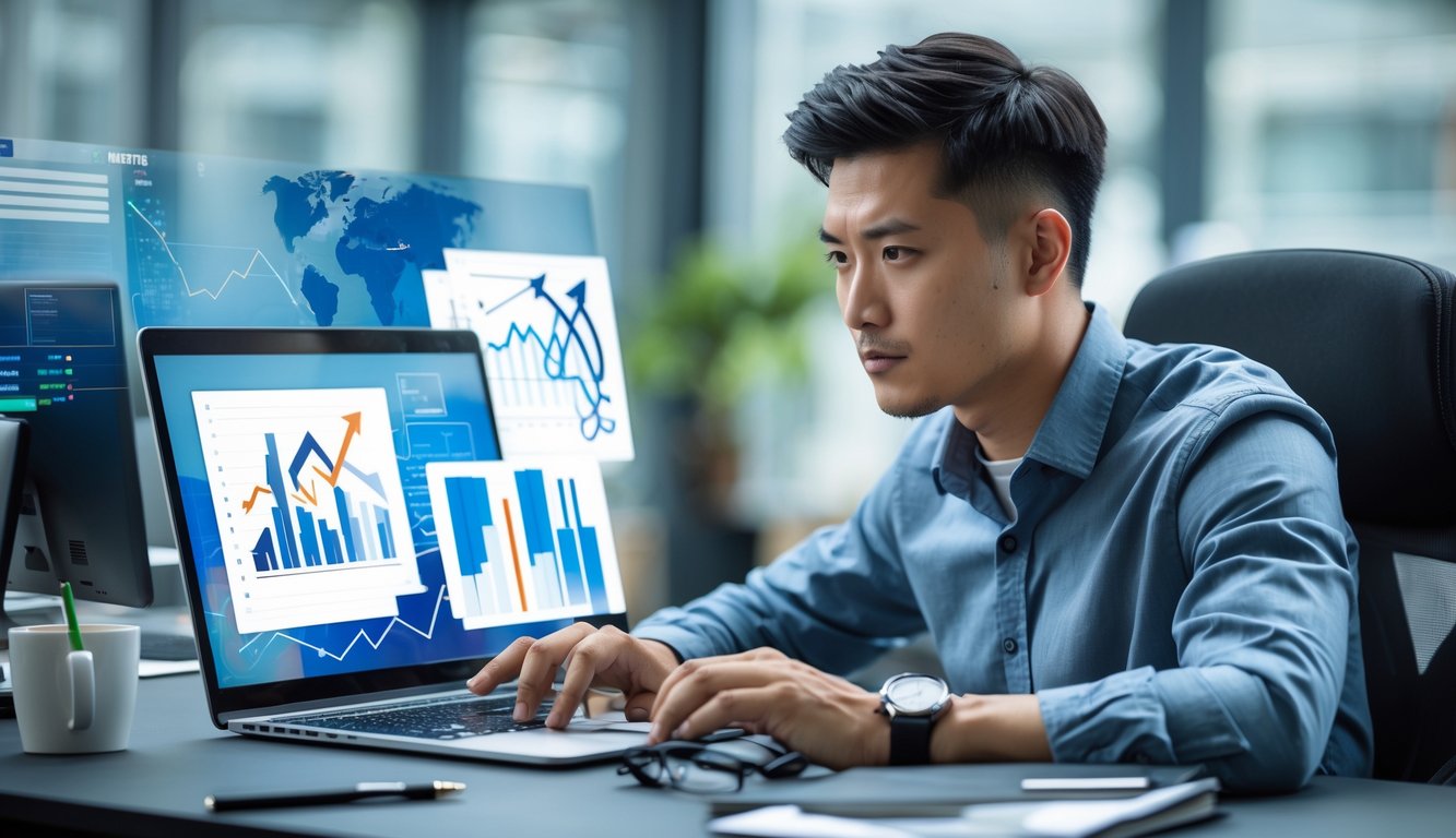 Seorang pria muda duduk di meja kantor dengan laptop, terlihat fokus dan serius memikirkan strategi.