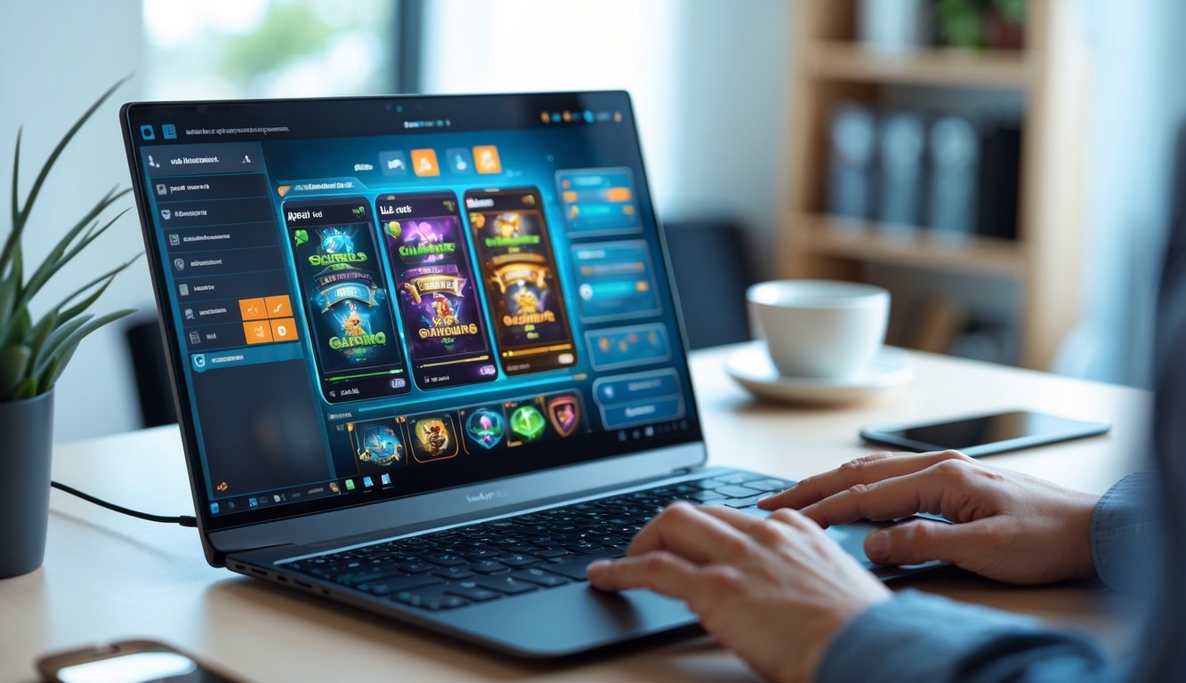 Seseorang bermain permainan kartu online di laptop di meja kerja dengan suasana ruangan yang nyaman.