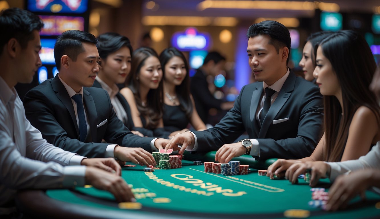 Meja kasino dengan beberapa pemain dan dealer sedang bermain permainan ceme secara langsung.