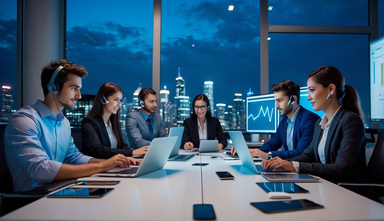 Tim profesional bekerja bersama di kantor modern pada malam hari dengan pemandangan kota di luar jendela.
