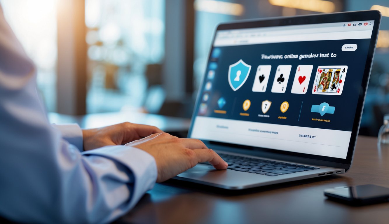 Seseorang menggunakan laptop di meja kerja modern dengan tampilan antarmuka permainan kartu online yang aman dan terpercaya.