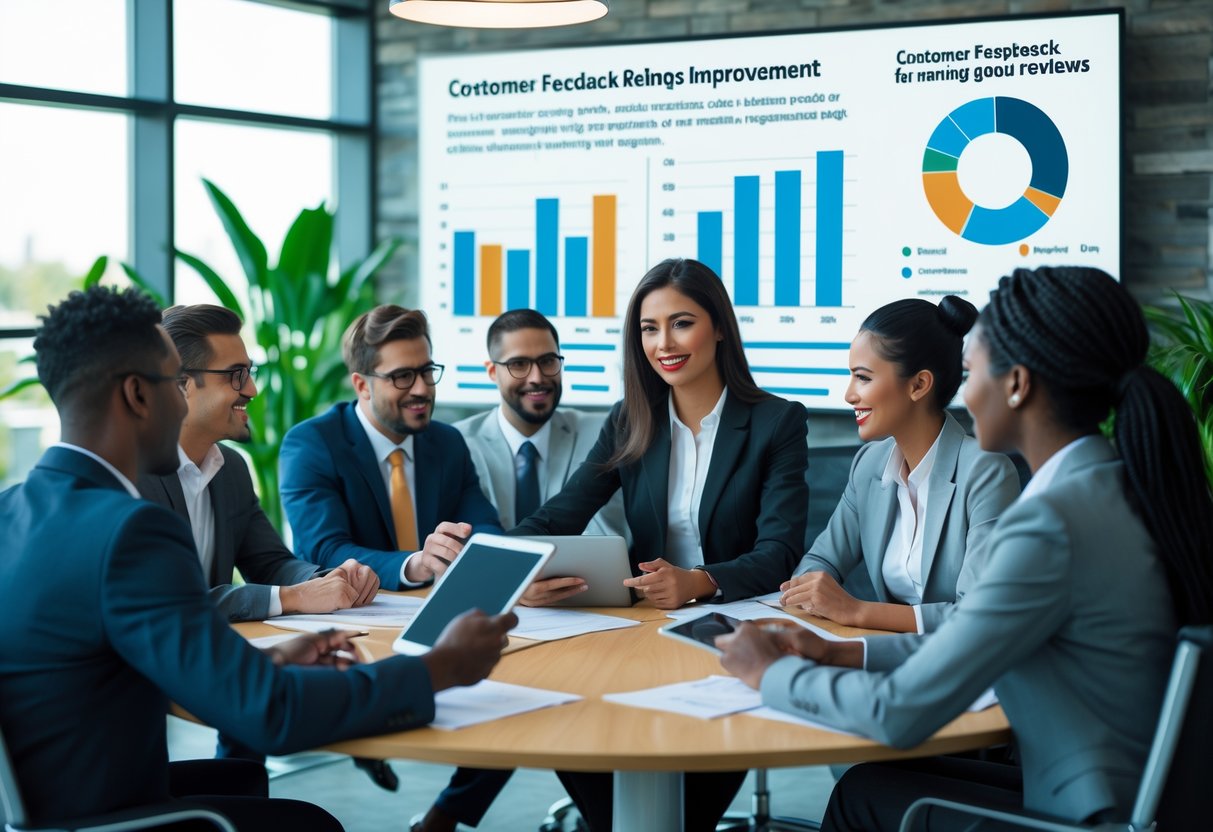 Eine Gruppe von Geschäftspersonen arbeitet gemeinsam in einem modernen Büro an Strategien für gute Bewertungen.