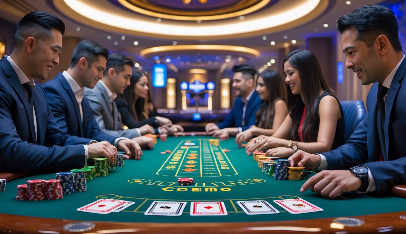 Beberapa orang sedang bermain permainan ceme di meja kasino dengan kartu dan chip poker.