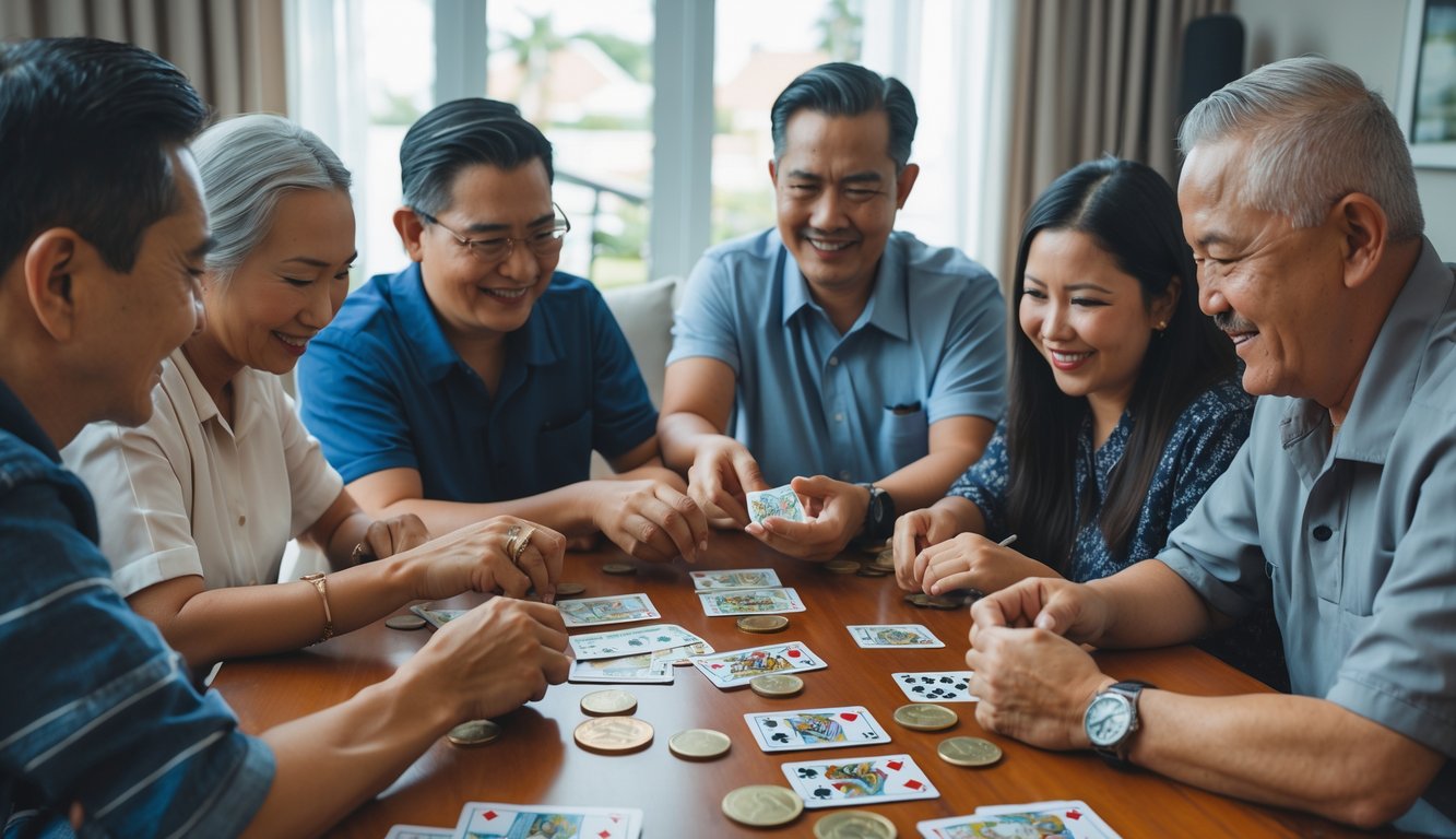 Sekelompok orang dewasa sedang bermain kartu tradisional dengan uang asli di atas meja kayu.