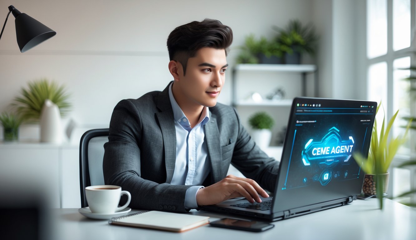 Seorang pria muda duduk di meja dengan laptop di ruang kerja rumah yang terang, menggunakan platform permainan online.