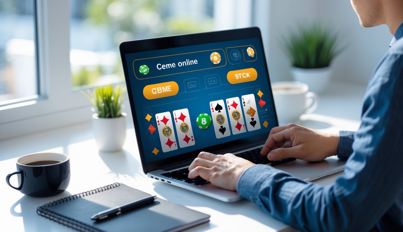 Seseorang sedang bermain permainan ceme online menggunakan laptop di ruang kerja yang terang dan rapi.