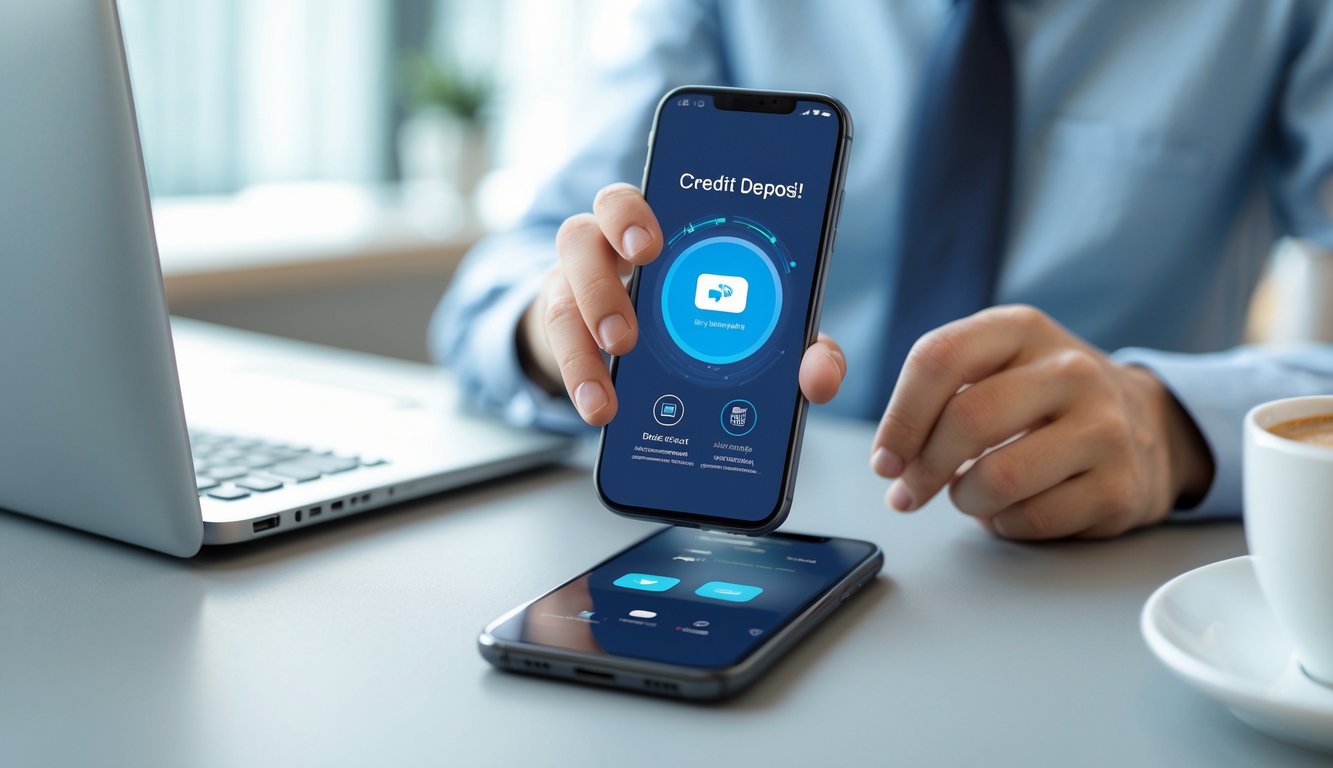 Seseorang menggunakan ponsel di meja kerja dengan laptop dan kopi, menampilkan transaksi deposit pulsa secara online.