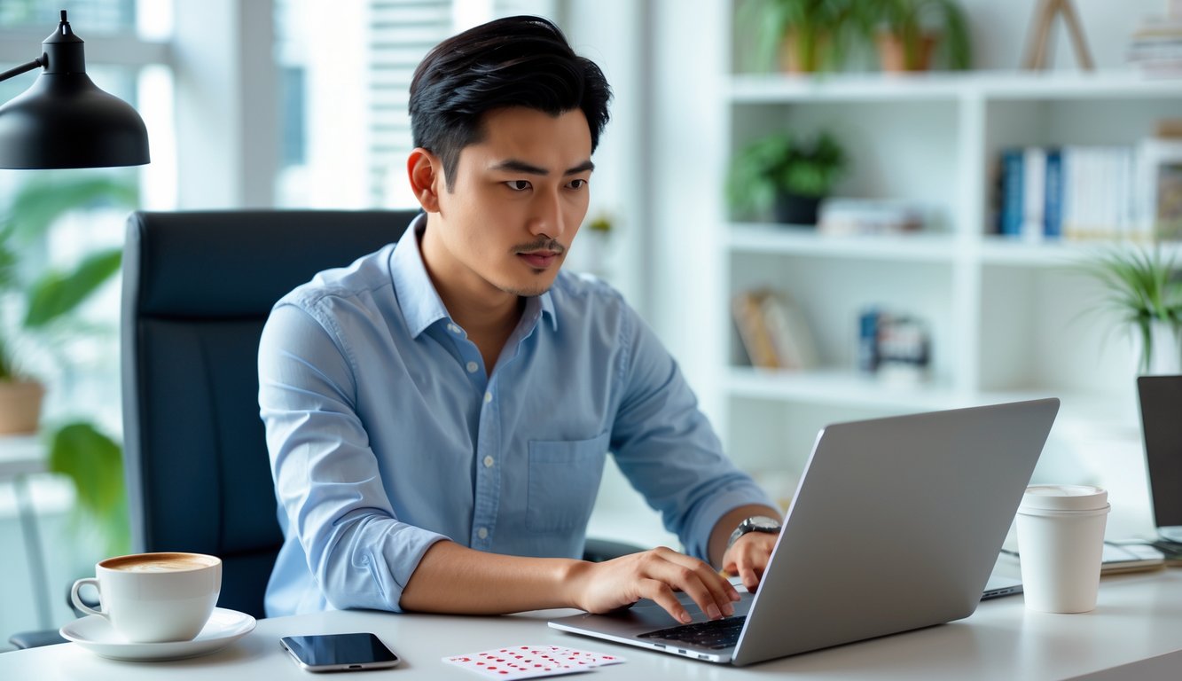 Seorang pria Asia Tenggara duduk di meja kantor modern sambil fokus bermain permainan kartu online di laptop.