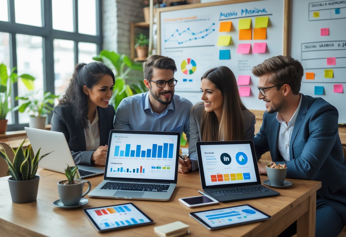 Drei Personen arbeiten gemeinsam an einem Tisch mit Laptops und Smartphones, um Social-Media-Marketing für lokale Unternehmen zu planen.
