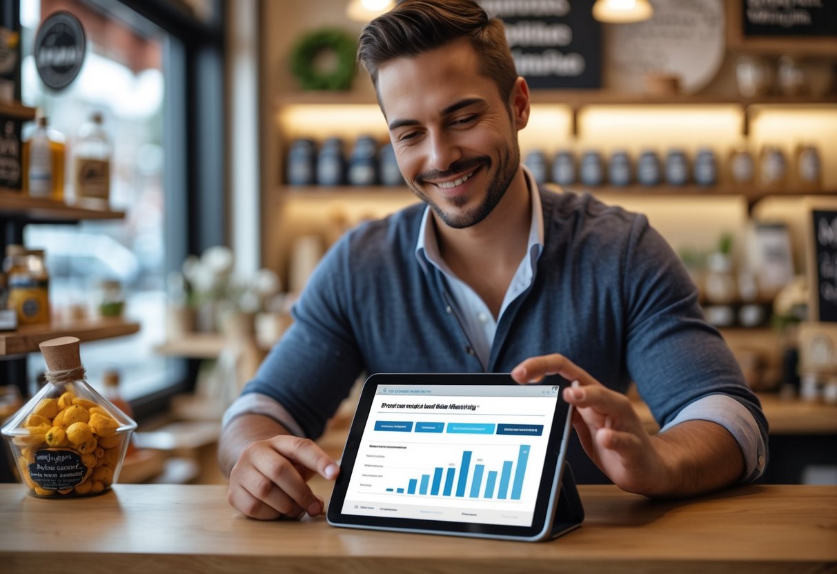 Eine Person in einem lokalen Geschäft nutzt ein digitales Tablet, um Social-Media-Marketing zu überprüfen.