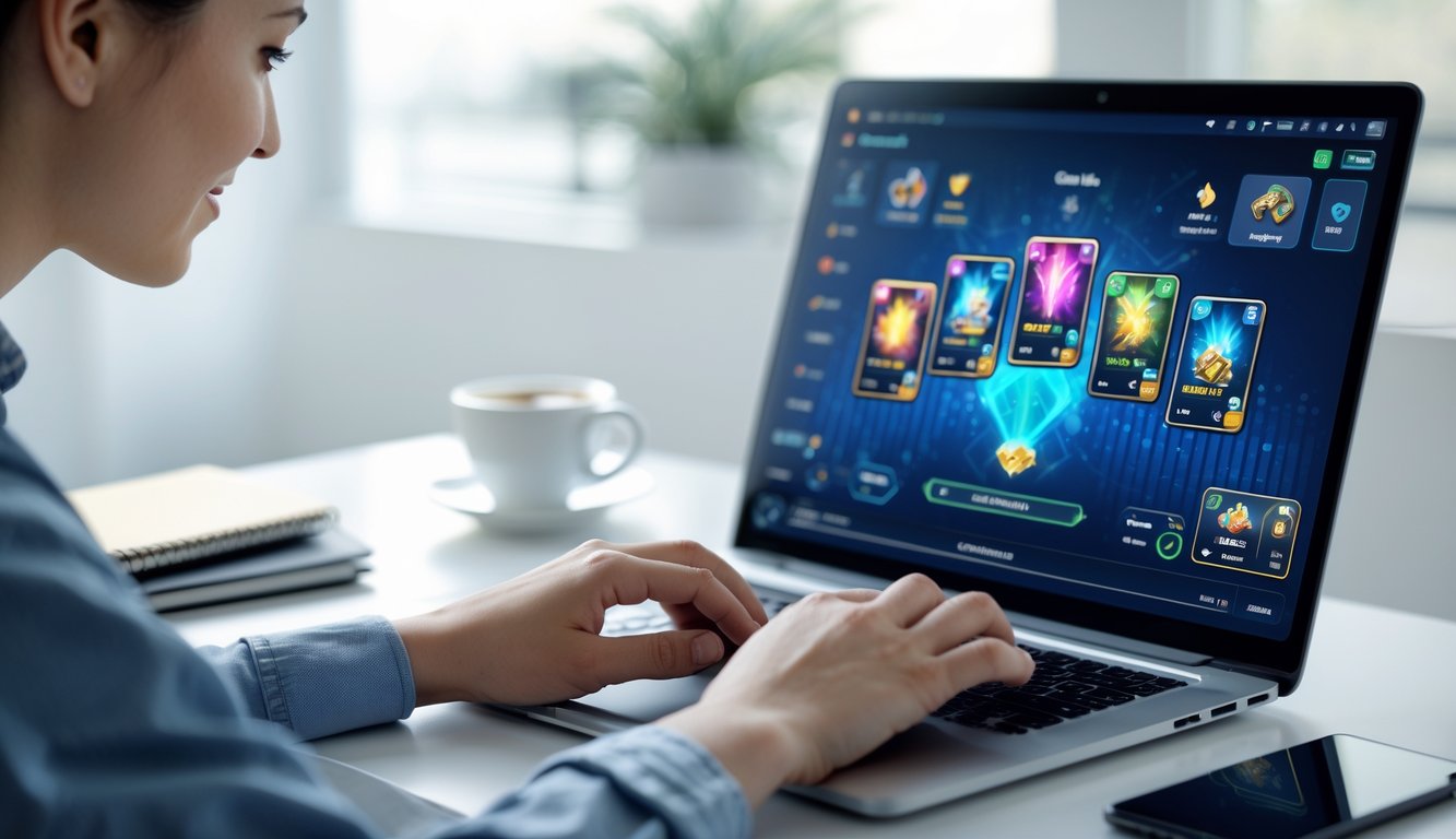 Seseorang sedang menggunakan laptop di meja kerja dengan tampilan permainan kartu digital di layar.