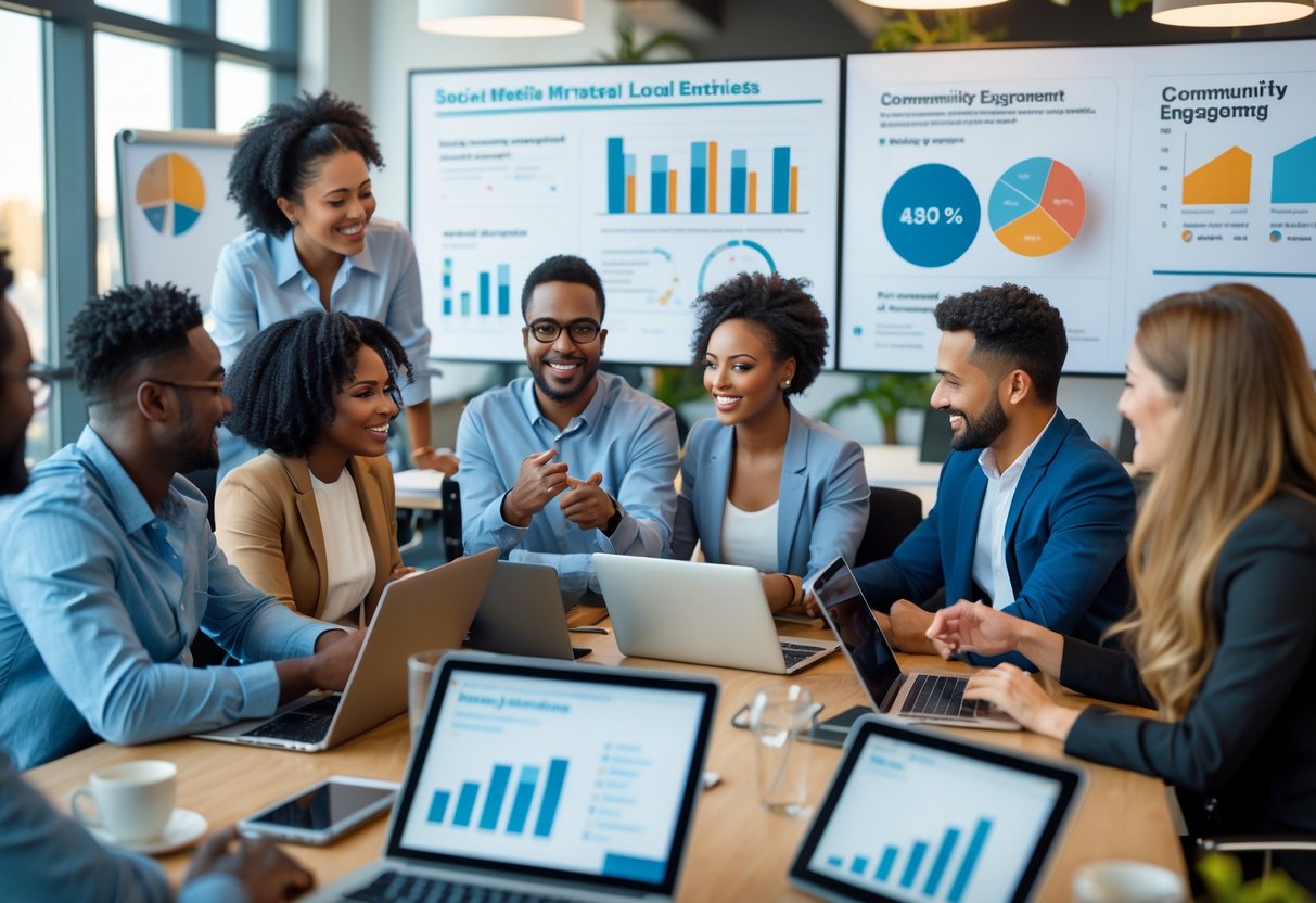 Mehrere Personen arbeiten gemeinsam an Social-Media-Marketing für lokale Unternehmen in einem modernen Büro.