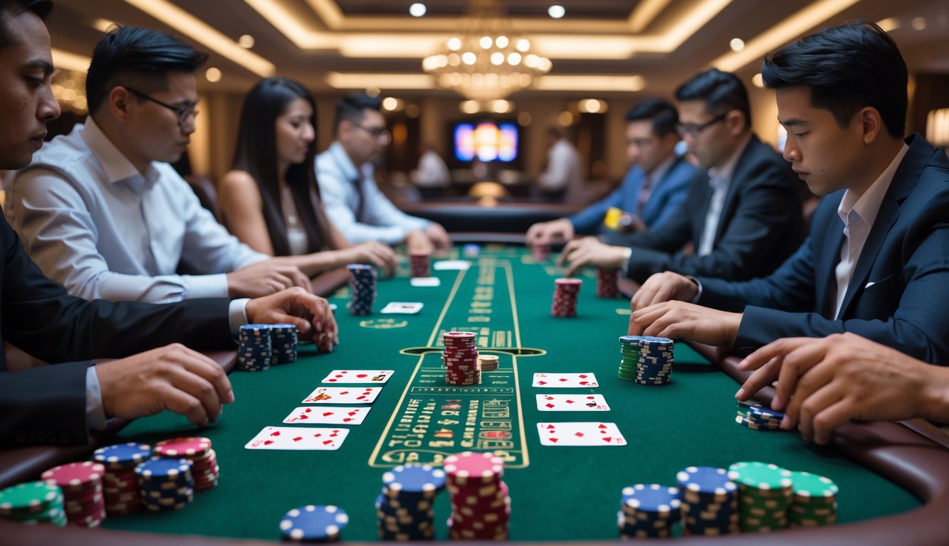 Meja kasino dengan permainan ceme sedang berlangsung dan beberapa pemain duduk di sekitarnya.