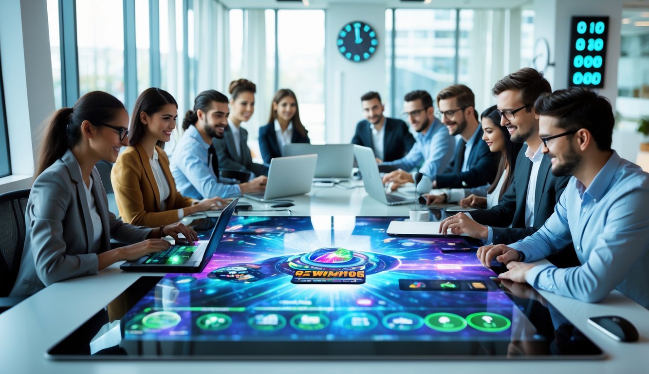 Sekelompok profesional muda bekerja bersama di meja digital dengan tampilan permainan online di kantor modern yang terang.