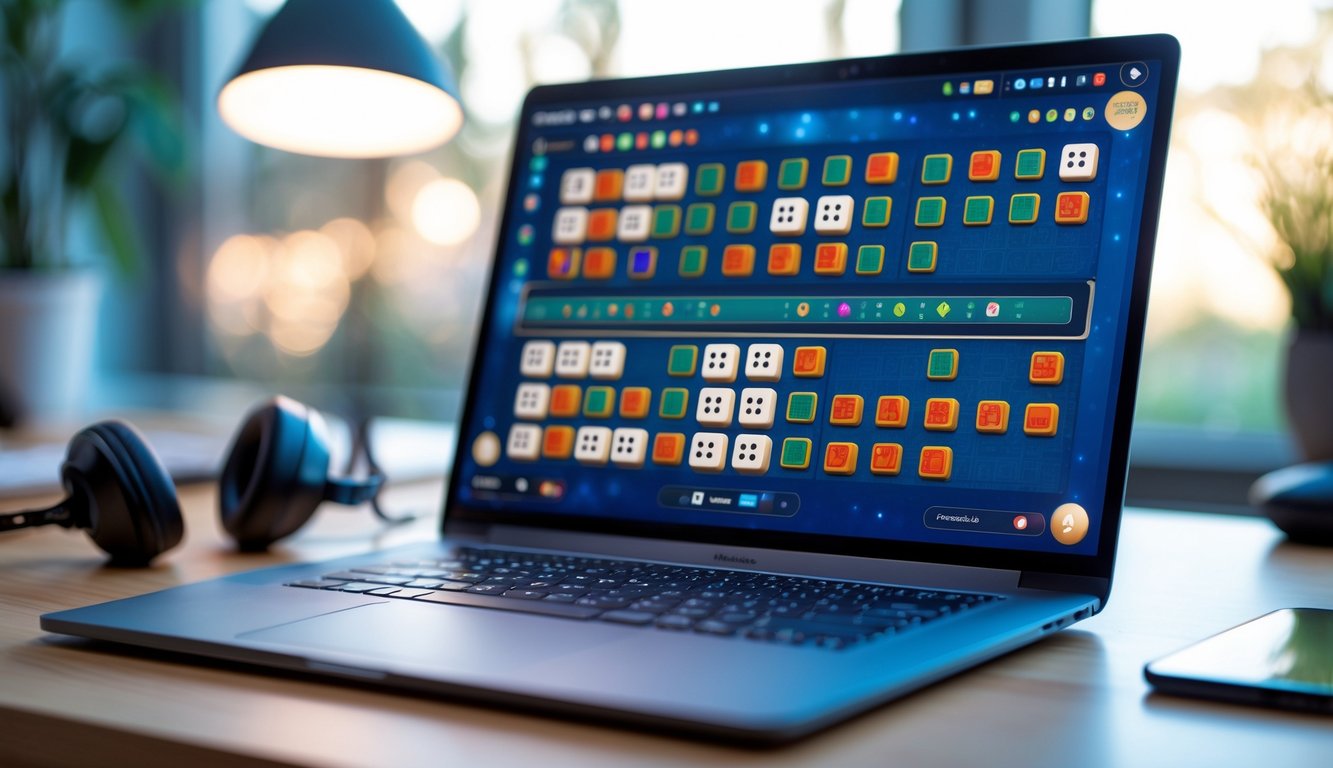 Sebuah meja kerja modern dengan laptop yang menampilkan permainan Mahjong online, dikelilingi oleh aksesori teknologi seperti headphone dan ponsel.