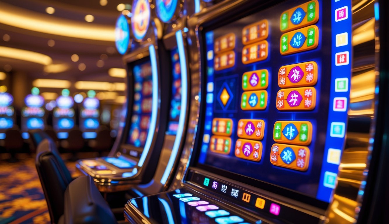 Mesin slot Mahjong modern dengan layar menampilkan pola ubin Mahjong yang berwarna-warni di dalam kasino.