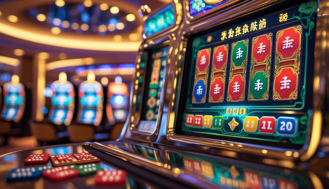 Mesin slot bertema Mahjong dengan ubin Mahjong berwarna-warni di latar kasino yang hangat dan bercahaya.