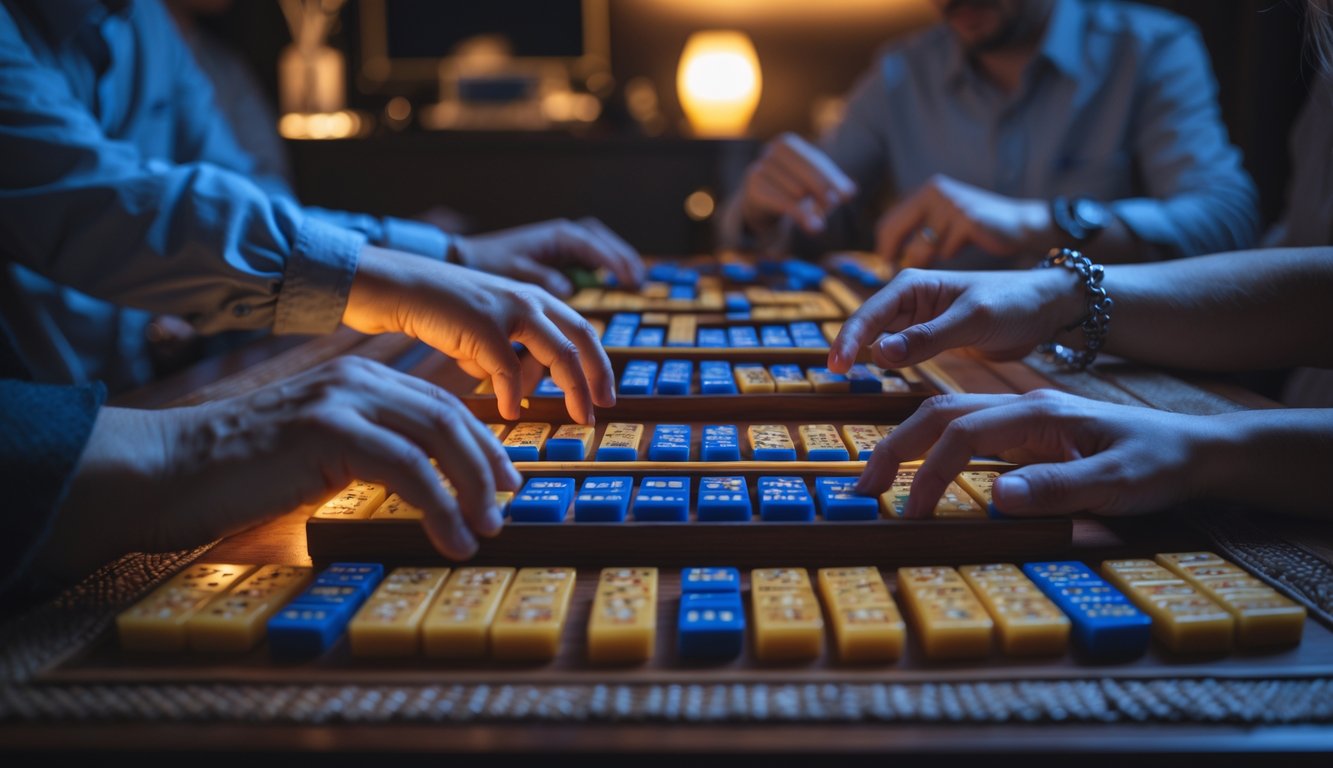 Meja kayu dengan permainan Mahjong yang sedang berlangsung di malam hari, dengan tangan pemain yang fokus mengambil ubin permainan.