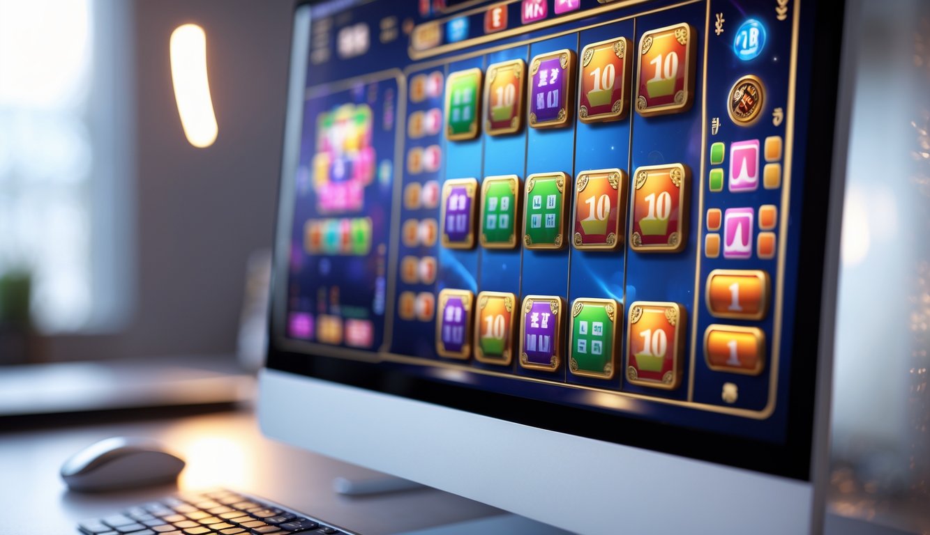 Tampilan dekat layar komputer yang menampilkan permainan slot Mahjong online dengan ubin Mahjong berwarna-warni dan suasana meja kerja yang rapi.